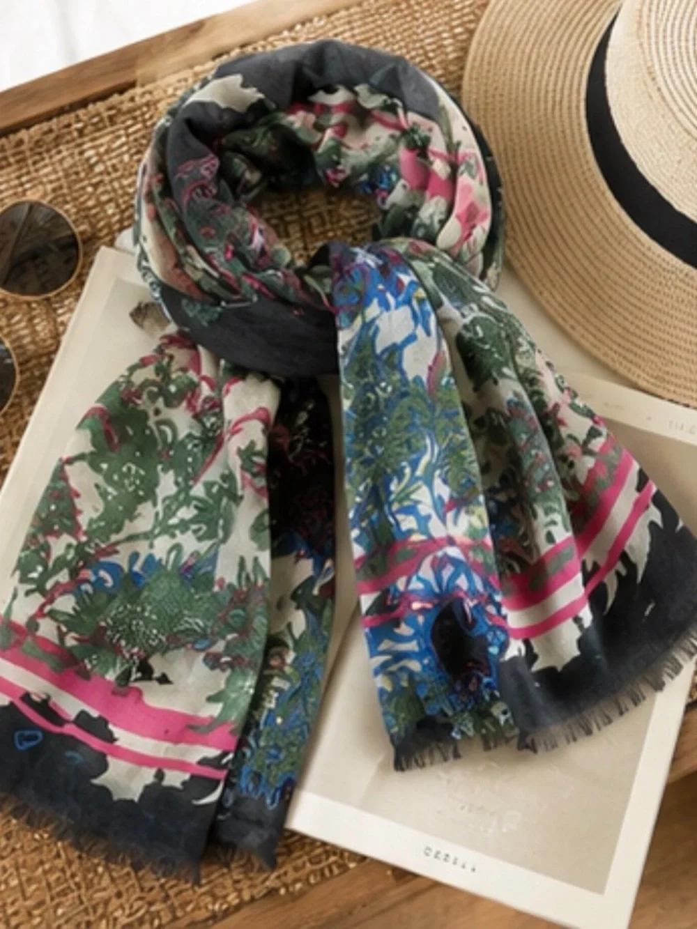 Unbranded Silk Cashmere Floral Scarf 80” x 28” – Colorful Botanical Print
